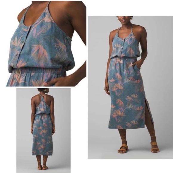 NWT Prana Blue Washed Leaves Denim Chambray Sky Haven Dress Spaghetti Straps - Picture 3 of 11